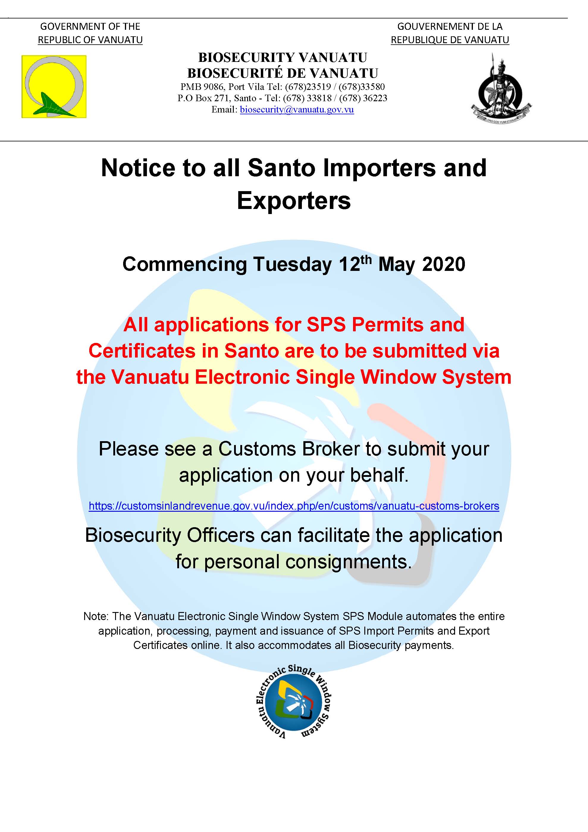 Notice to all Importers and Exporters in Luganville, Santo.